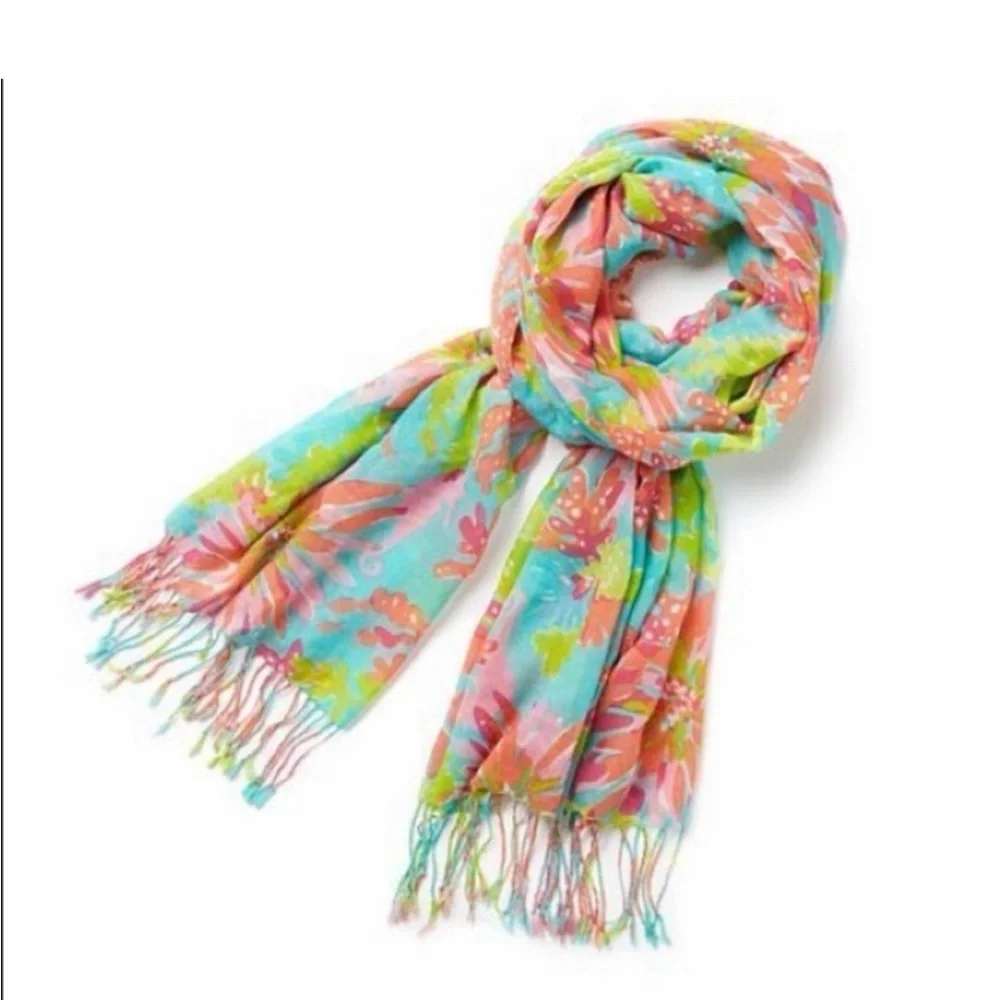 Lilly Pulitzer Murfee Crystal Waters Trippin & Sippin Fringe Scarf Silk Cashmere